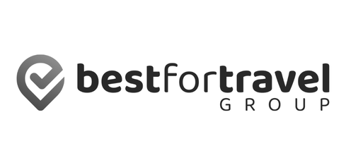 Logo der bestfortravel GROUP mit einem Häkchen in einem Standort-Symbol in schwarz-weiß.